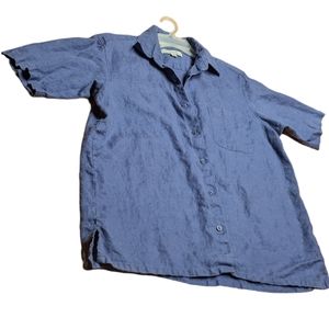 Linea Uomo 100% Linen Large Mens Blue Button Down Short Sleeve Dress Shirt